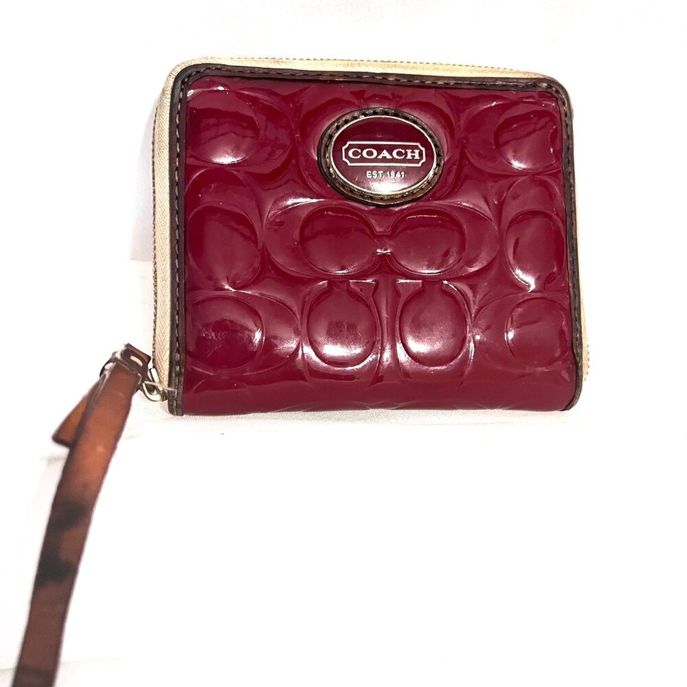Coach Crimson/Tan Patent Leather Zip Around Women's Wallet-Casual